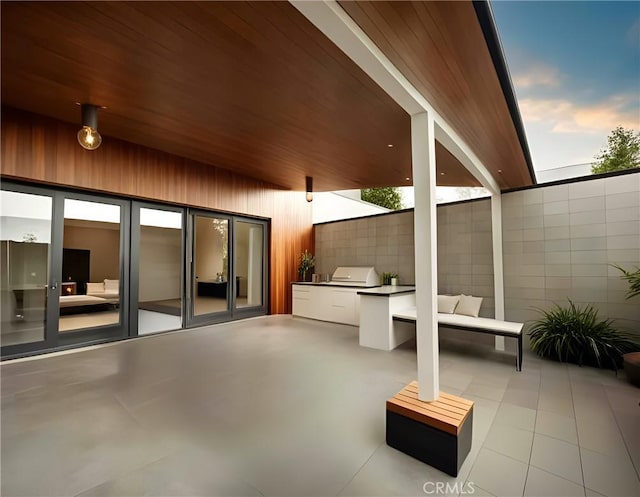 patio terrace at dusk with an outdoor kitchen