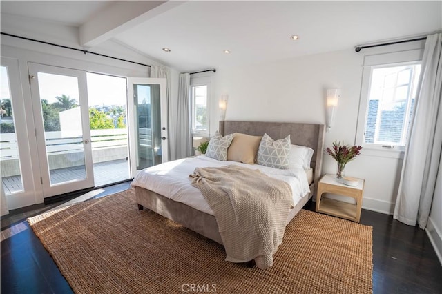 bedroom featuring access to exterior, vaulted ceiling with beams, and dark hardwood / wood-style floors