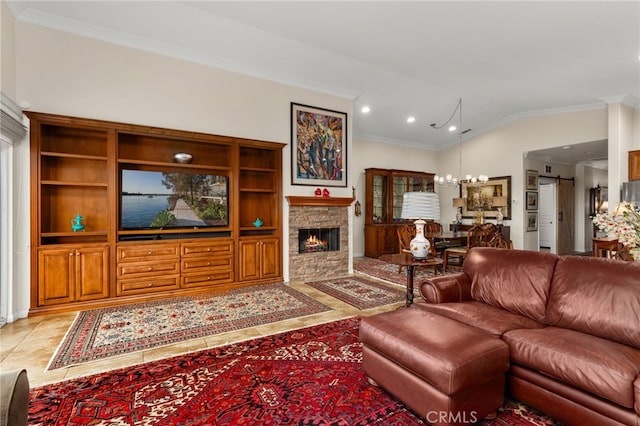 living room featuring vaulted ceiling, light tile patterned flooring, a fireplace, a chandelier, and crown molding