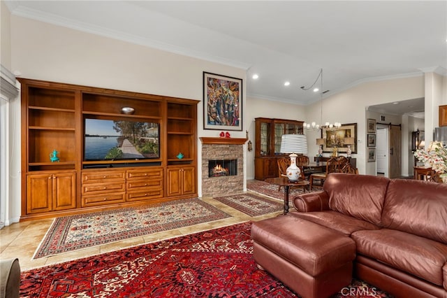 living room with light tile patterned flooring, a stone fireplace, lofted ceiling, a chandelier, and crown molding