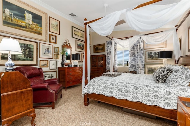 carpeted bedroom featuring ornamental molding