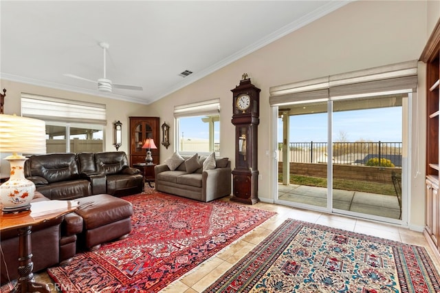 tiled living room with crown molding and ceiling fan