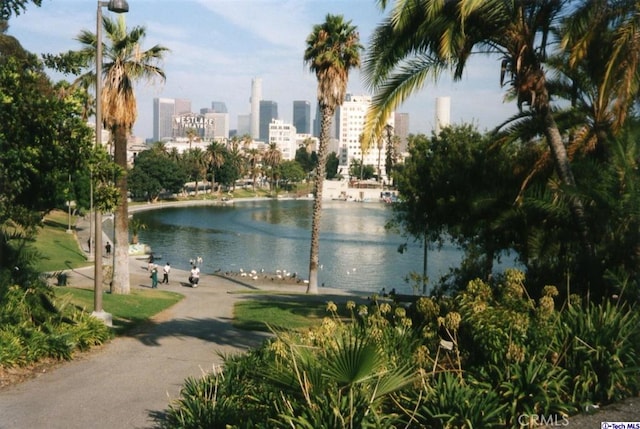 view of water feature with a city view