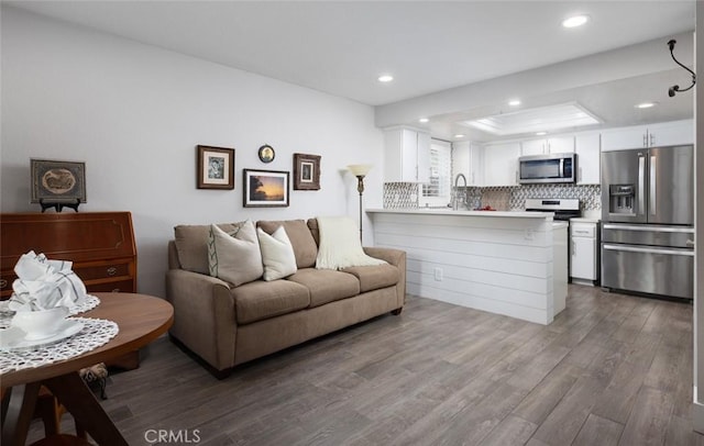 living room with hardwood / wood-style flooring, a tray ceiling, and sink