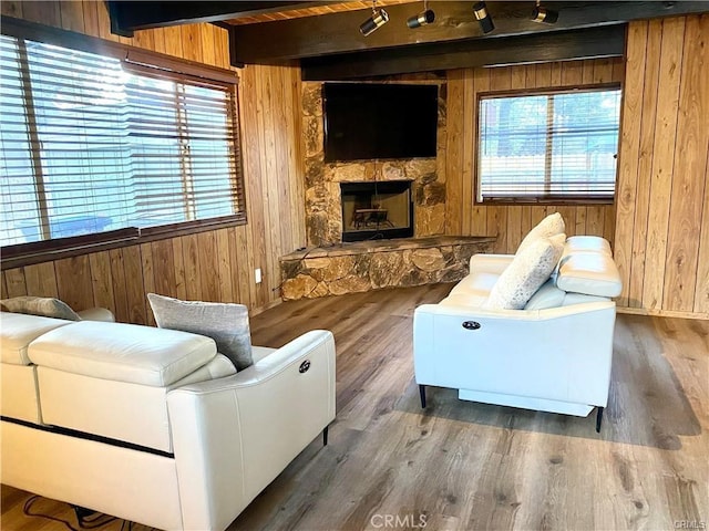 living room featuring hardwood / wood-style flooring, a wealth of natural light, a fireplace, and wood walls