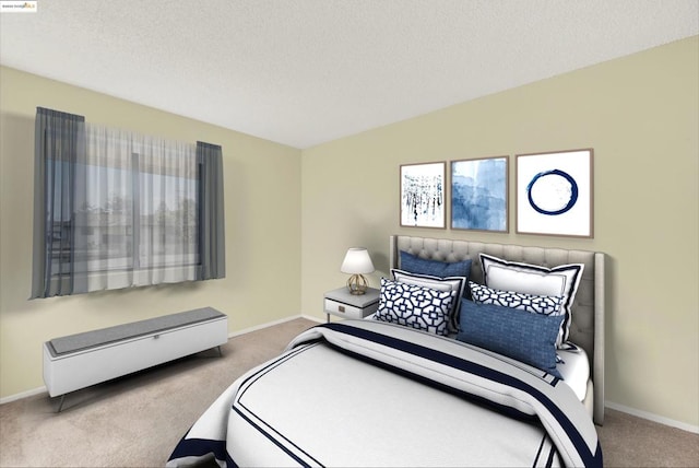 bedroom with vaulted ceiling, light carpet, and a textured ceiling