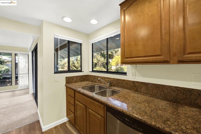 kitchen featuring stainless steel dishwasher, light hardwood / wood-style floors, sink, and dark stone countertops