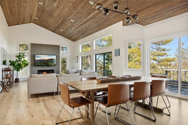 dining area featuring high vaulted ceiling, wooden ceiling, and light wood-type flooring