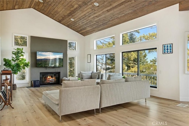 living room featuring plenty of natural light, high vaulted ceiling, and wood ceiling