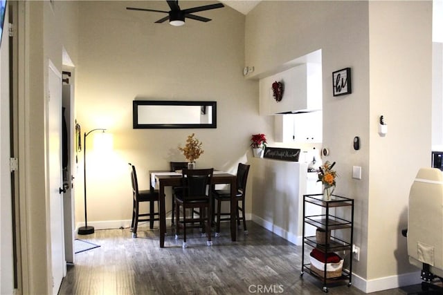 dining area featuring ceiling fan and dark hardwood / wood-style flooring