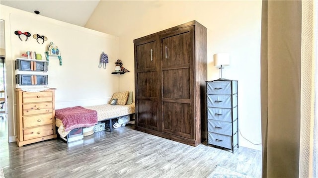 bedroom featuring hardwood / wood-style flooring and lofted ceiling