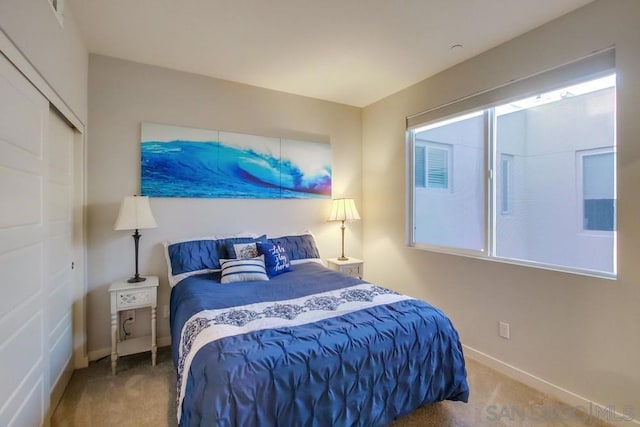 bedroom featuring carpet flooring and a closet