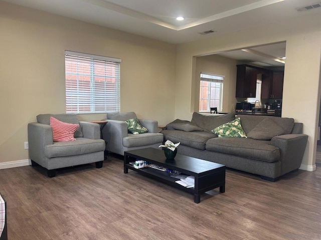 living room featuring hardwood / wood-style floors and a tray ceiling