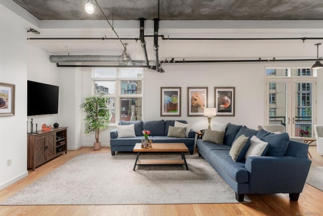 living room featuring hardwood / wood-style flooring and french doors