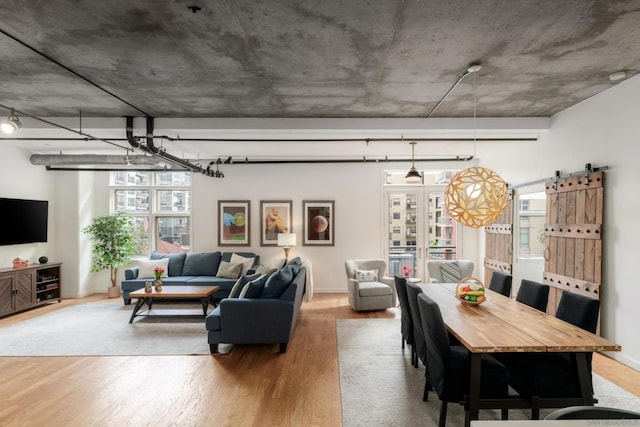 living room featuring a barn door and hardwood / wood-style floors