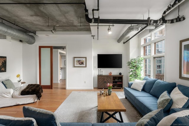 living room with hardwood / wood-style flooring and track lighting