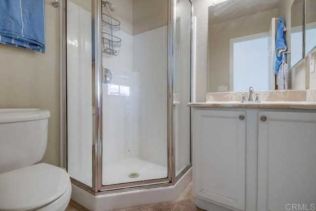 bathroom with toilet, a shower stall, and vanity