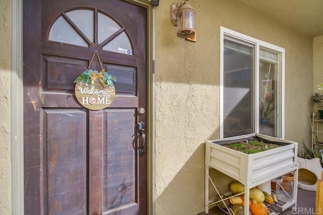 view of exterior entry featuring stucco siding