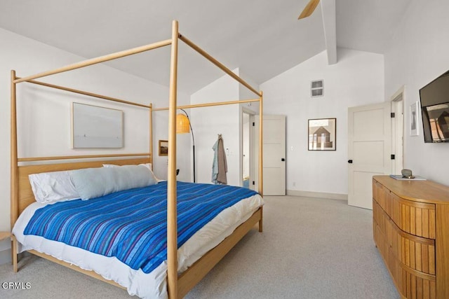 bedroom featuring ceiling fan, beam ceiling, and high vaulted ceiling