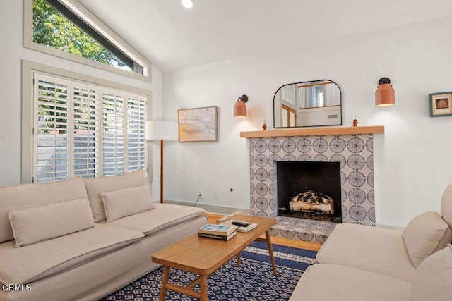 living room with lofted ceiling