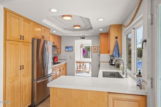 kitchen featuring sink, kitchen peninsula, a raised ceiling, stainless steel appliances, and backsplash