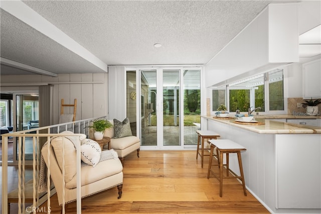 interior space with expansive windows, sink, a textured ceiling, and light wood-type flooring