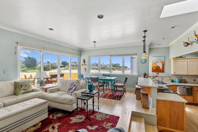 living room featuring ornamental molding, a skylight, sink, and light wood-type flooring