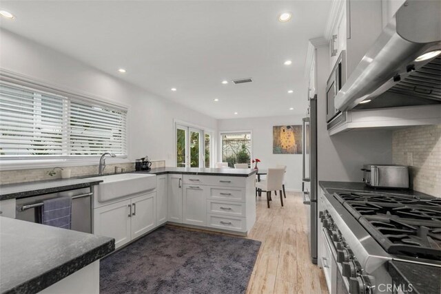 kitchen with extractor fan, white cabinetry, sink, stainless steel appliances, and light wood-type flooring