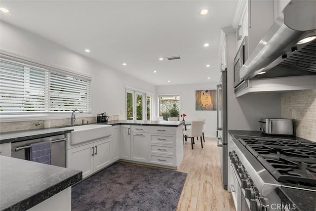 kitchen with dark countertops, range hood, stainless steel appliances, white cabinetry, and a sink