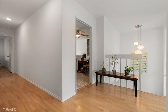 hall with baseboards and wood finished floors