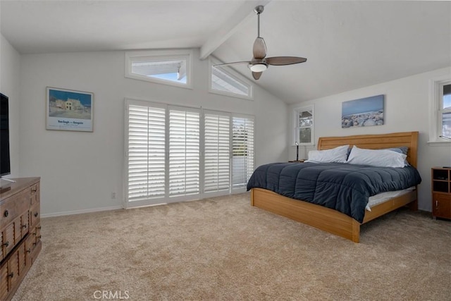 bedroom featuring vaulted ceiling with beams, a ceiling fan, and light colored carpet