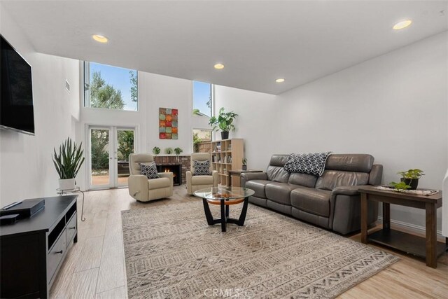 living room featuring french doors, a fireplace, and light hardwood / wood-style flooring