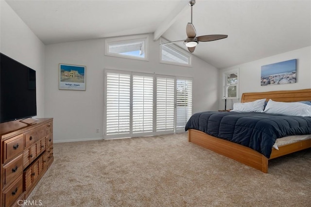 bedroom with lofted ceiling with beams, a ceiling fan, and light colored carpet