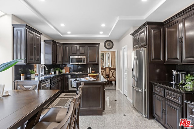 kitchen featuring dark brown cabinetry, sink, a tray ceiling, stainless steel appliances, and decorative backsplash