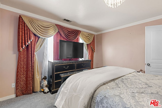 carpeted bedroom with ornamental molding