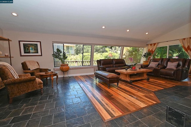 living room with vaulted ceiling and a healthy amount of sunlight