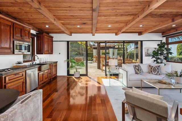 kitchen featuring wood ceiling, appliances with stainless steel finishes, dark hardwood / wood-style flooring, and sink