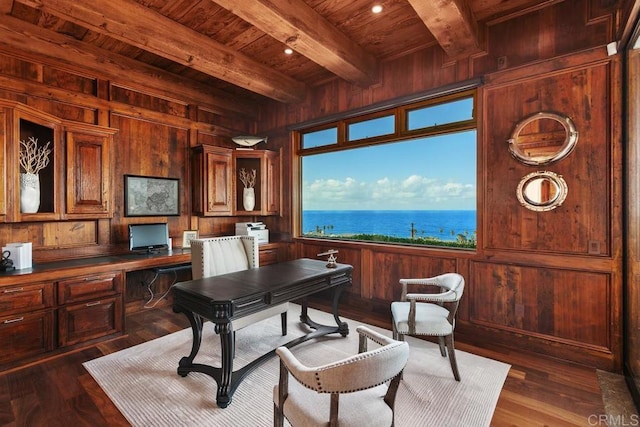 office area featuring wood ceiling, wooden walls, dark wood finished floors, and beam ceiling