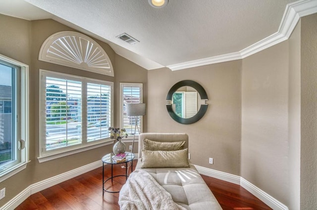 living area with vaulted ceiling, wood-type flooring, a textured ceiling, and crown molding