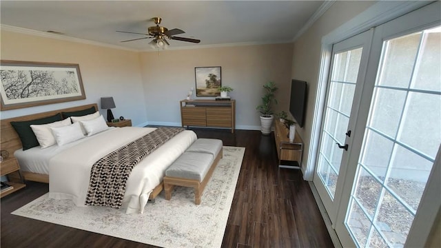 bedroom with ceiling fan, baseboards, dark wood finished floors, and crown molding