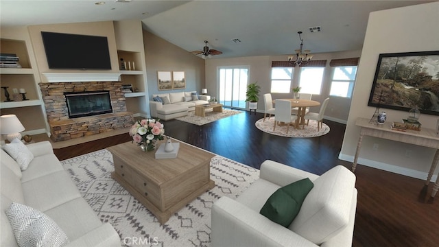 living room with built in features, a fireplace, visible vents, vaulted ceiling, and wood finished floors