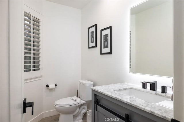 bathroom featuring vanity, toilet, and wood-type flooring