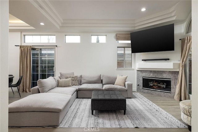 living room with a raised ceiling, a premium fireplace, and light hardwood / wood-style floors