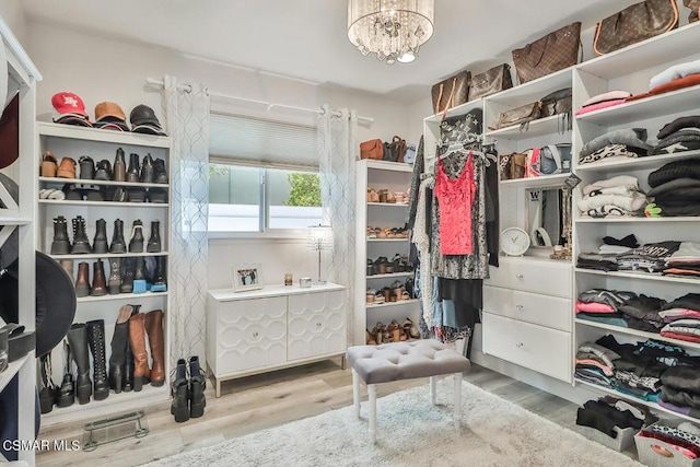 spacious closet featuring light hardwood / wood-style flooring and a notable chandelier