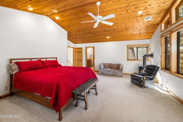 carpeted bedroom with ceiling fan, connected bathroom, wooden ceiling, and high vaulted ceiling