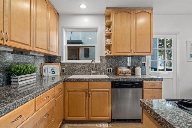 kitchen with tasteful backsplash, sink, black cooktop, and dishwasher