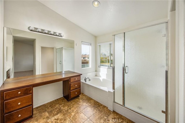 bathroom with vanity, plus walk in shower, and vaulted ceiling