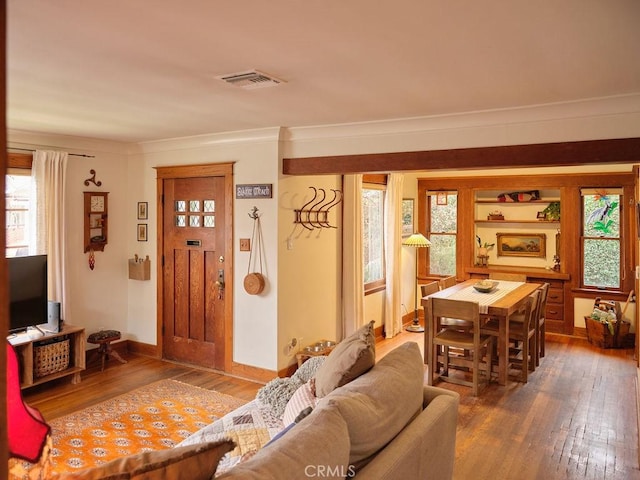 living room featuring crown molding and dark wood-type flooring