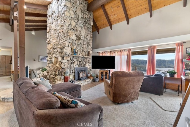 carpeted living room with beamed ceiling, wooden ceiling, and high vaulted ceiling