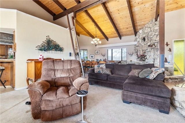 carpeted living room with beamed ceiling, high vaulted ceiling, wooden ceiling, and a chandelier